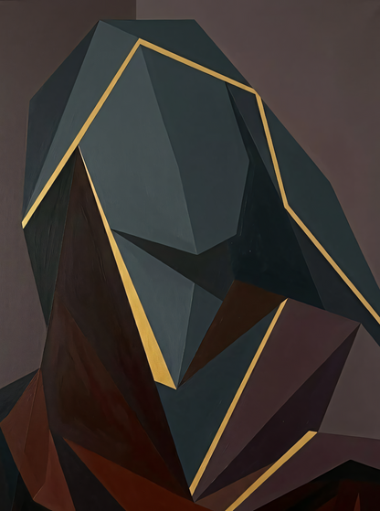 Modern Geometric Cubist Portrait Canvas Print - Charcoal & Gold Abstract Wall Art
