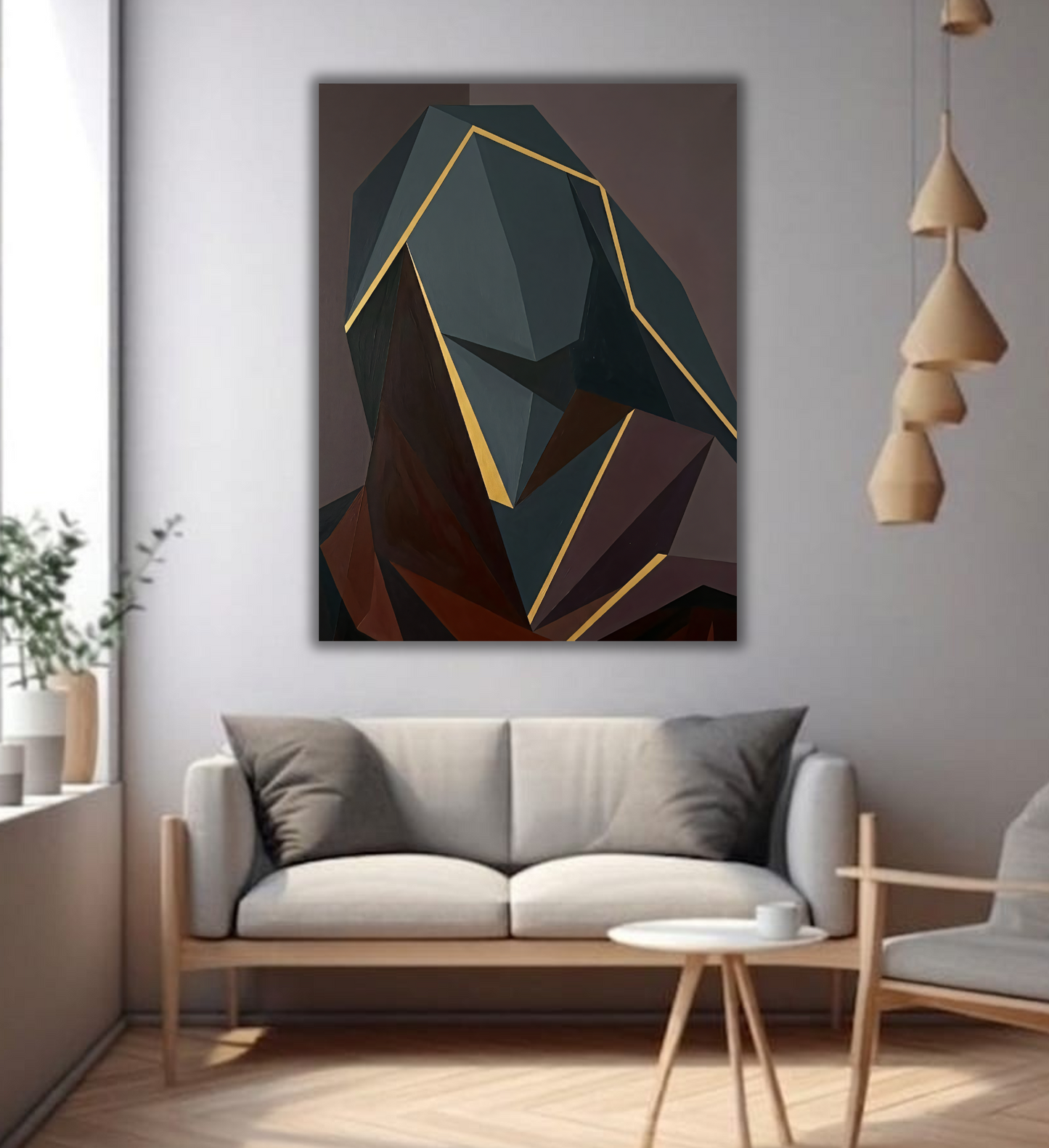 Modern Geometric Cubist Portrait Canvas Print - Charcoal & Gold Abstract Wall Art