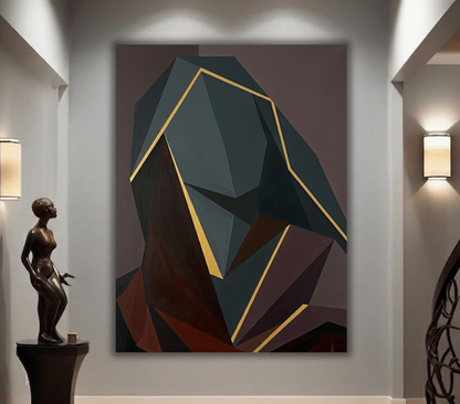 Modern Geometric Cubist Portrait Canvas Print - Charcoal & Gold Abstract Wall Art