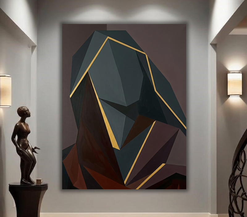 Modern Geometric Cubist Portrait Canvas Print - Charcoal & Gold Abstract Wall Art