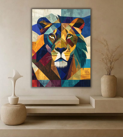 Modern Geometric Lion Portrait Canvas Print - Colorful Prismatic Wildlife Wall Art