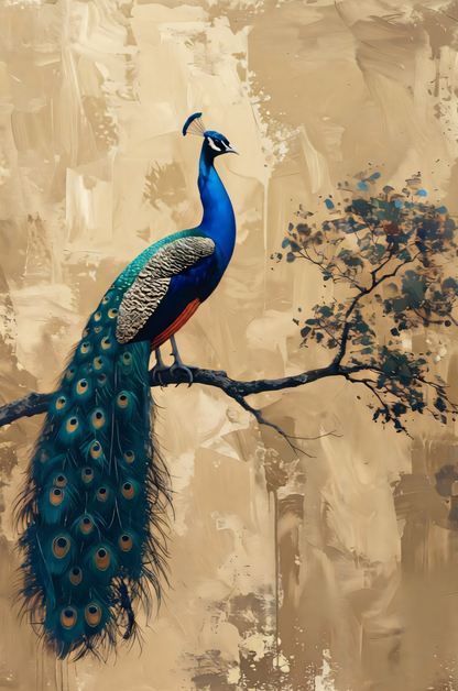 Majestic Royal Peacock Canvas Print - Warm Gold & Emerald Teal Fine Art Wall Decor