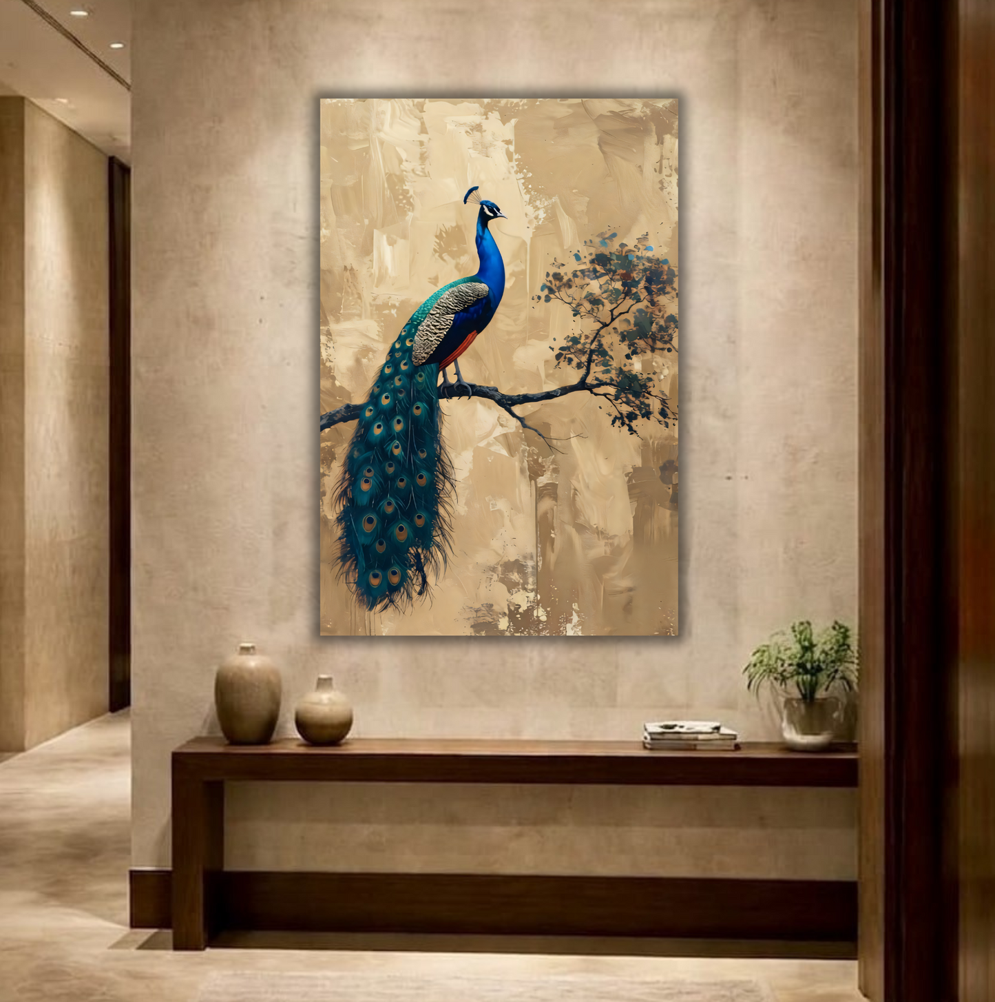 Majestic Royal Peacock Canvas Print - Warm Gold & Emerald Teal Fine Art Wall Decor