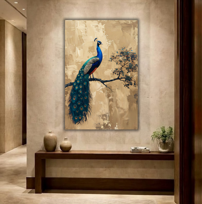 Majestic Royal Peacock Canvas Print - Warm Gold & Emerald Teal Fine Art Wall Decor