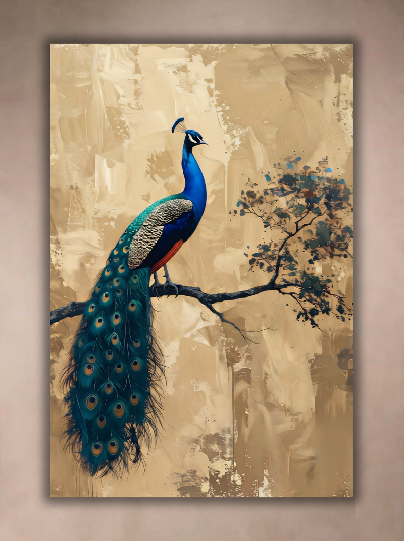 Majestic Royal Peacock Canvas Print - Warm Gold & Emerald Teal Fine Art Wall Decor