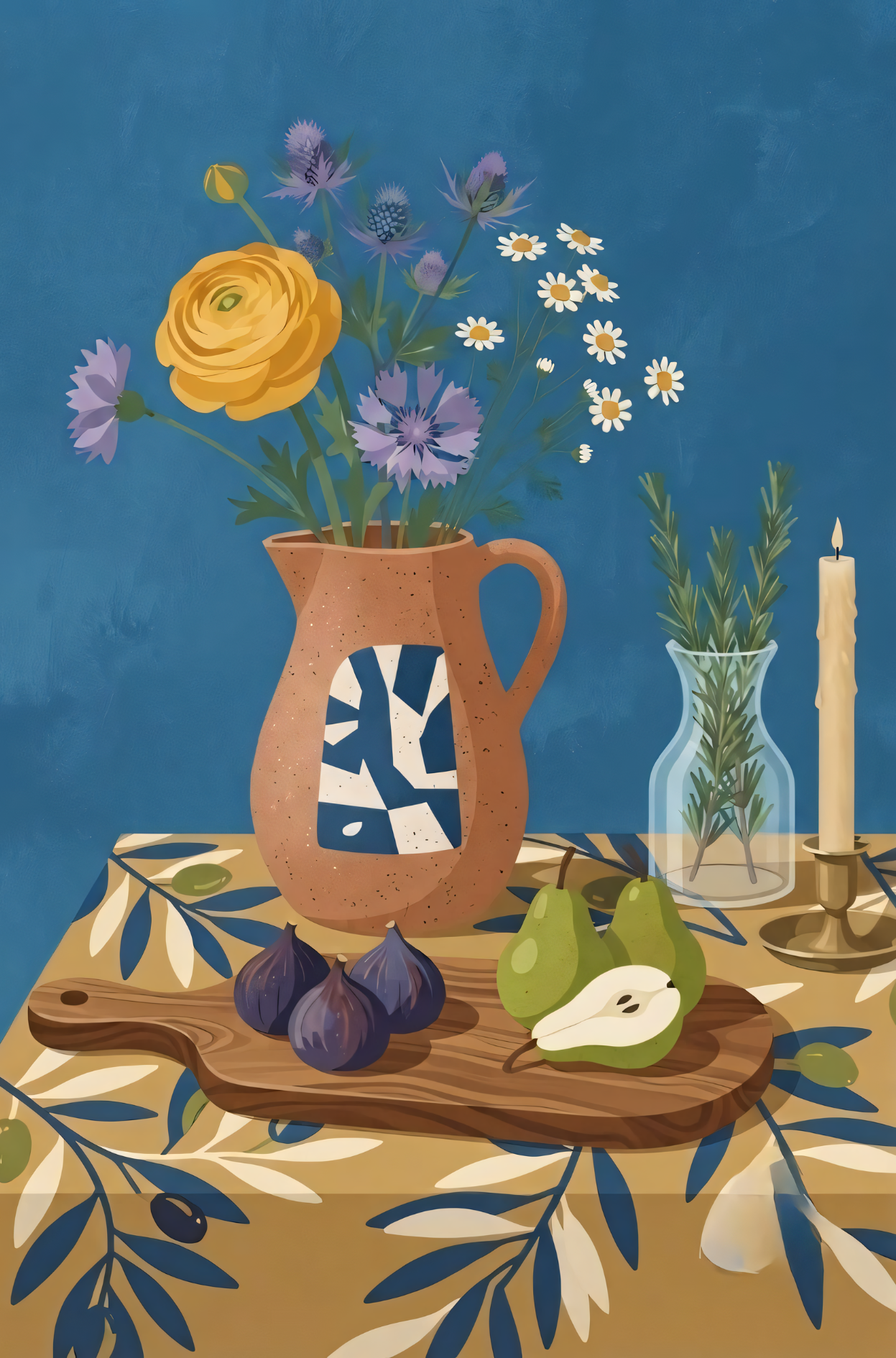 Mediterranean Still Life Canvas Print - Tuscan Wildflowers, Figs & Olive Pattern Table Wall Art