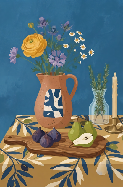 Mediterranean Still Life Canvas Print - Tuscan Wildflowers, Figs & Olive Pattern Table Wall Art