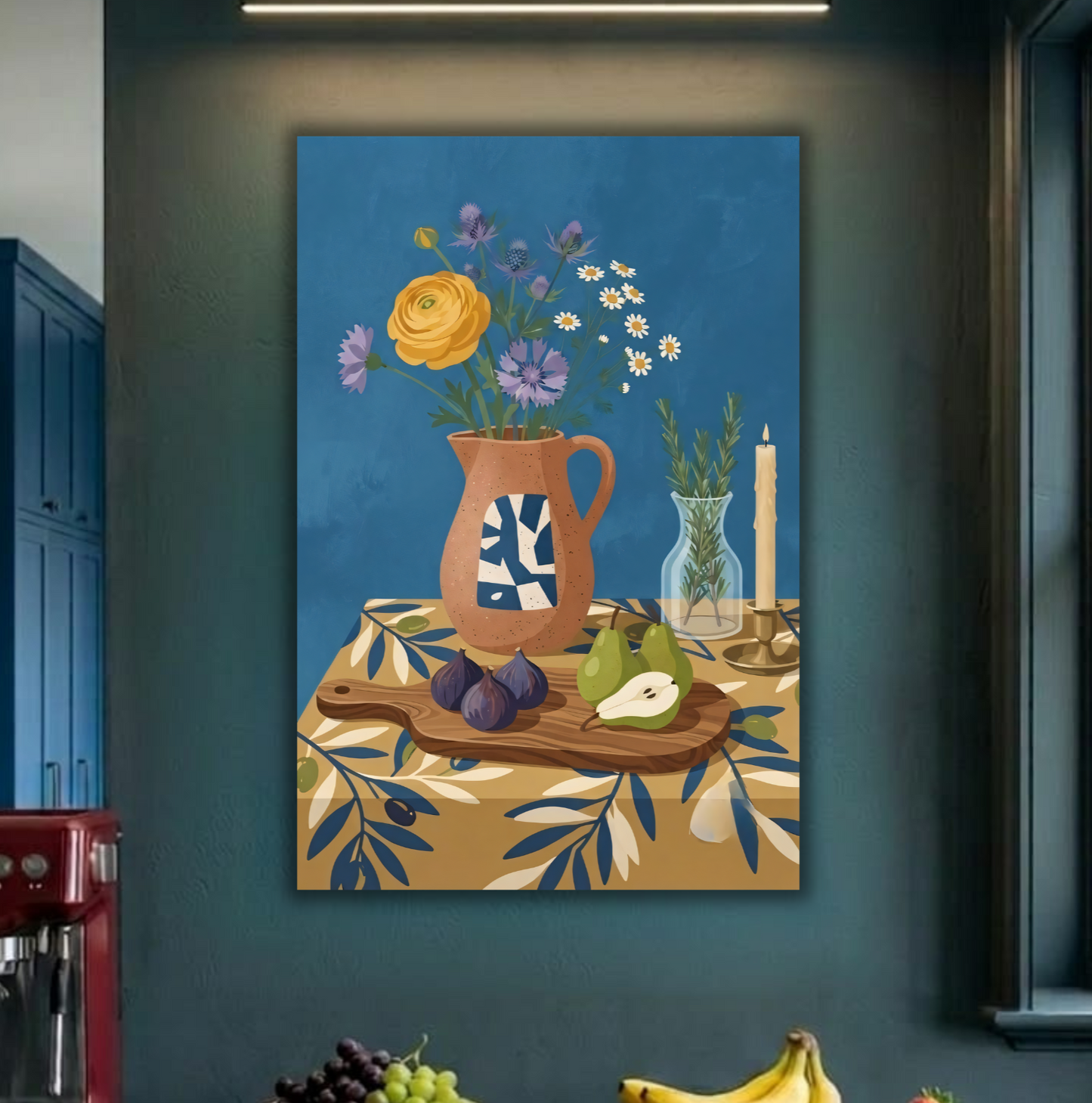 Mediterranean Still Life Canvas Print - Tuscan Wildflowers, Figs & Olive Pattern Table Wall Art