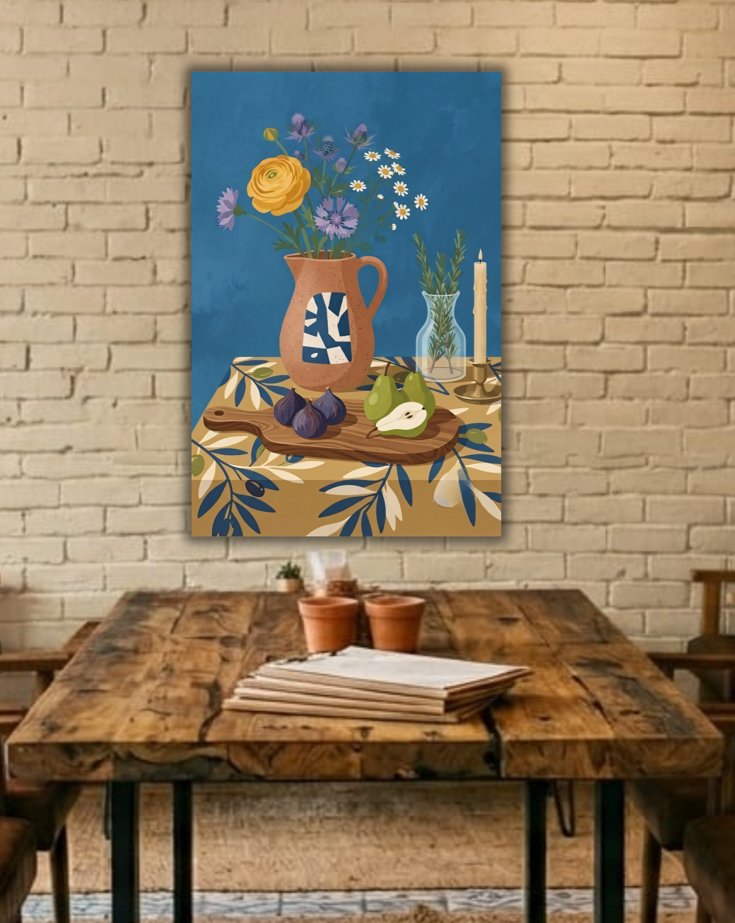 Mediterranean Still Life Canvas Print - Tuscan Wildflowers, Figs & Olive Pattern Table Wall Art