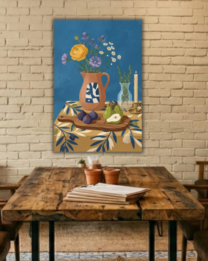 Mediterranean Still Life Canvas Print - Tuscan Wildflowers, Figs & Olive Pattern Table Wall Art