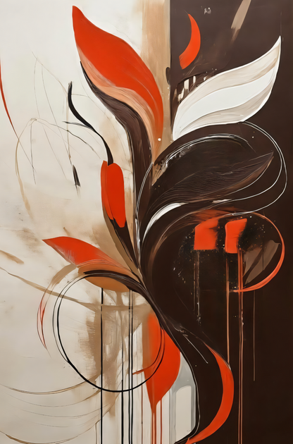 Modern Abstract Botanical Canvas Print - Vibrant Vermilion Red & Espresso Brown Wall Art