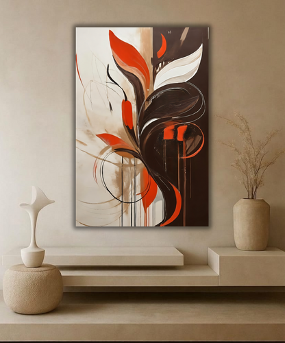 Modern Abstract Botanical Canvas Print - Vibrant Vermilion Red & Espresso Brown Wall Art