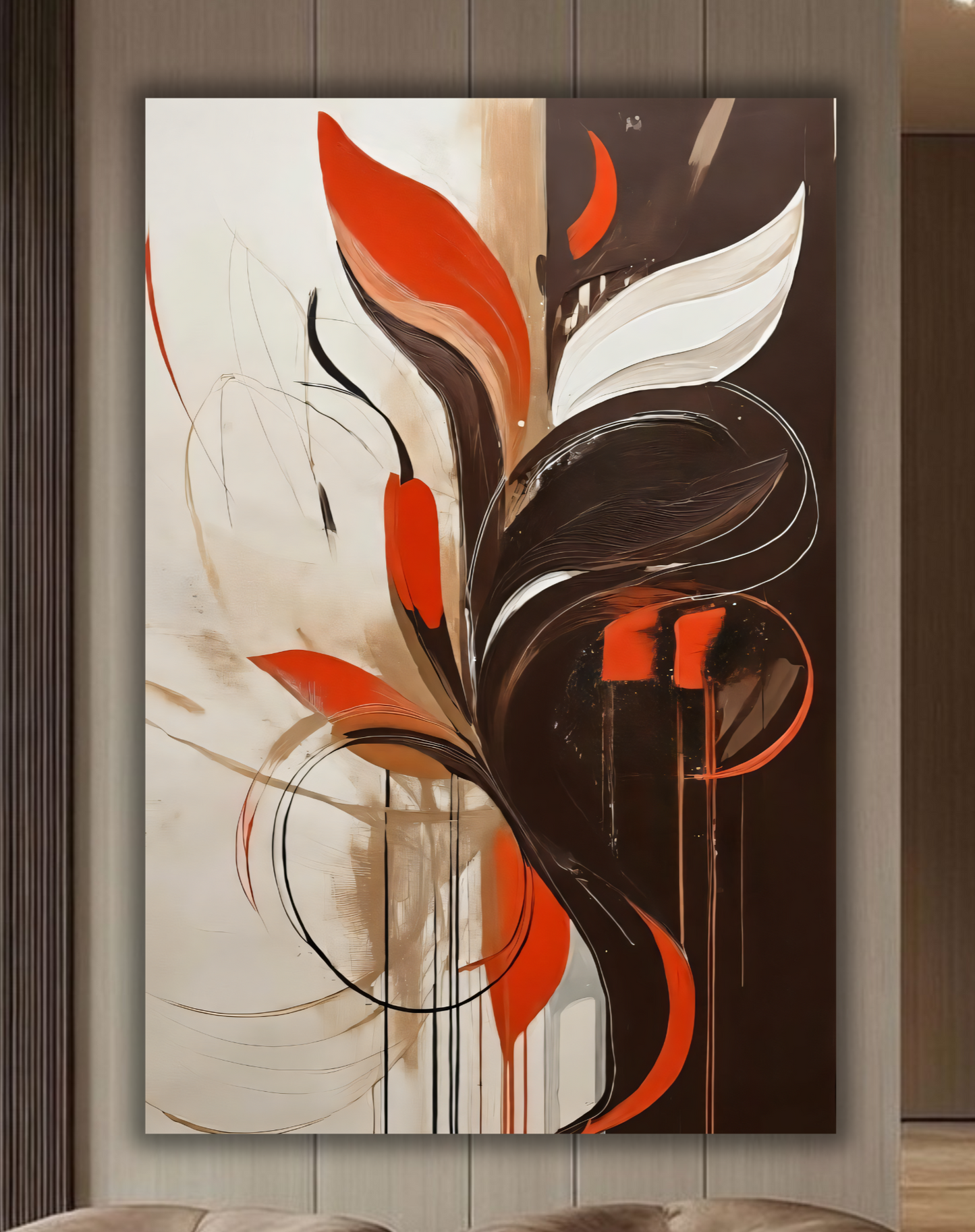 Modern Abstract Botanical Canvas Print - Vibrant Vermilion Red & Espresso Brown Wall Art