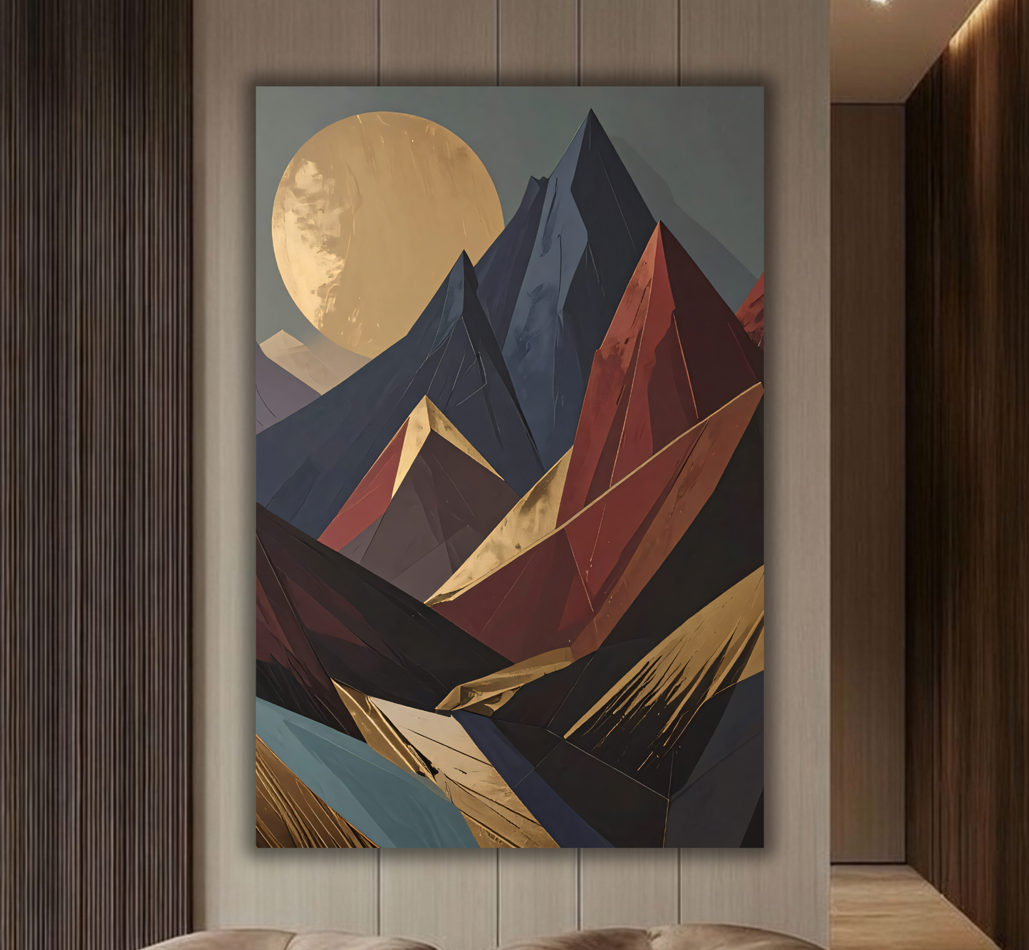 Modern Geometric Mountain Landscape Canvas Print - Gold Sun & Slate Blue Wall Art