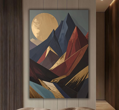 Modern Geometric Mountain Landscape Canvas Print - Gold Sun & Slate Blue Wall Art
