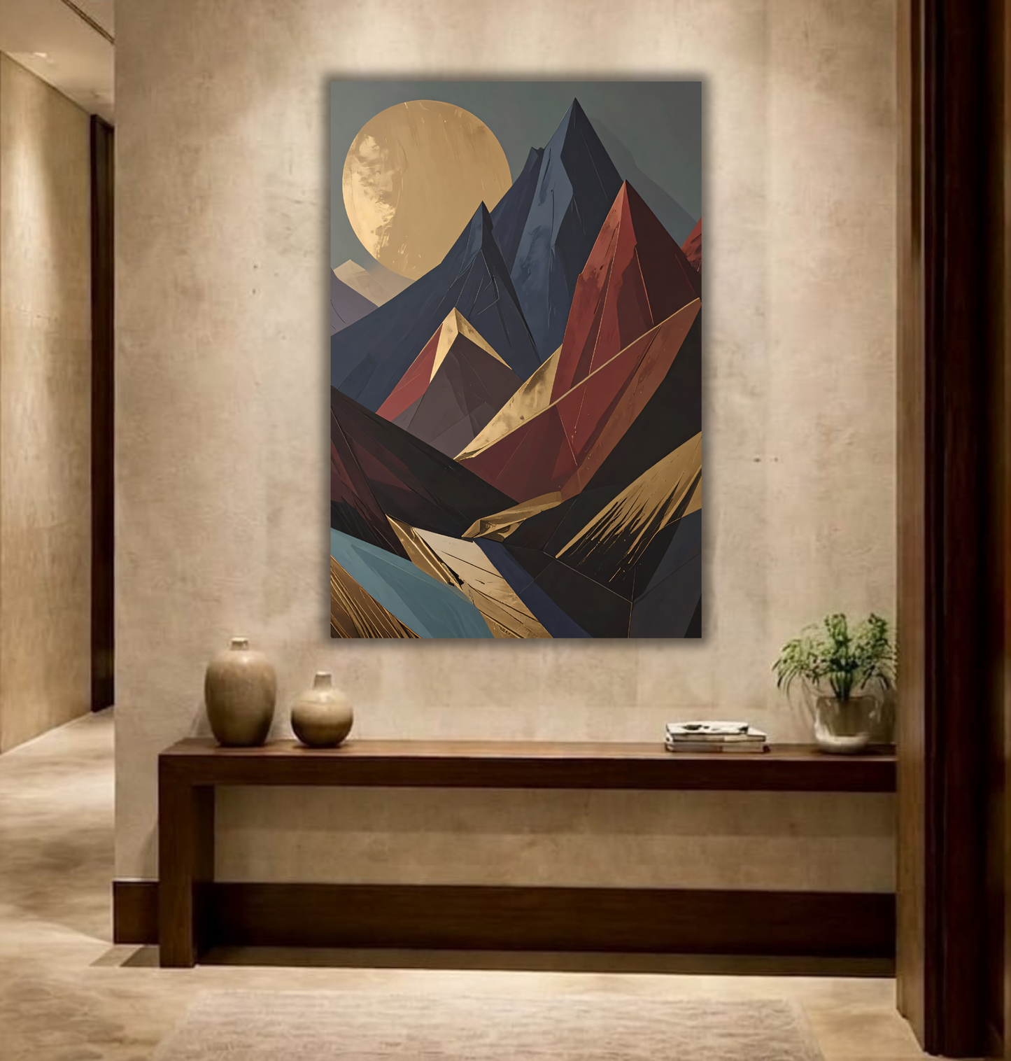 Modern Geometric Mountain Landscape Canvas Print - Gold Sun & Slate Blue Wall Art