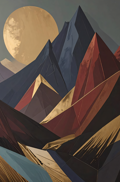 Modern Geometric Mountain Landscape Canvas Print - Gold Sun & Slate Blue Wall Art