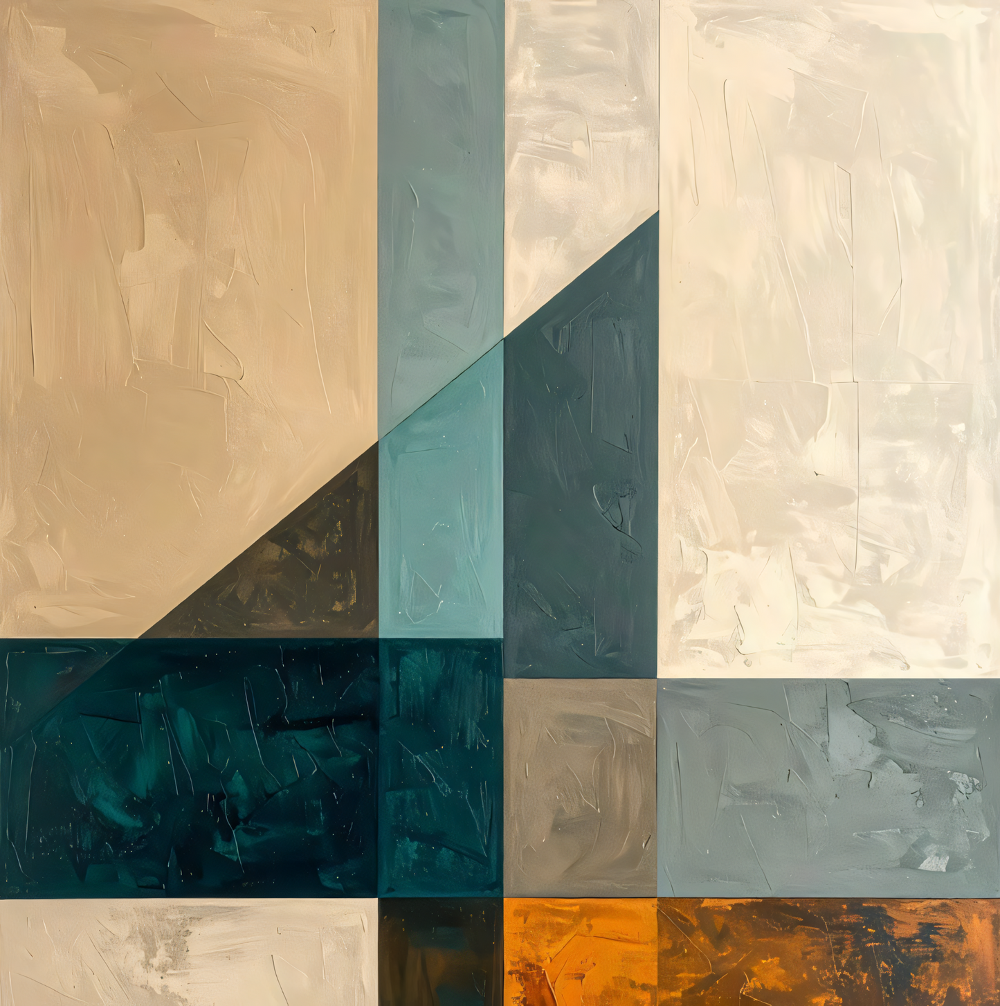 Modern Geometric Color-Block Square Canvas Print - Slate Blue, Ochre & Beige Wall Art