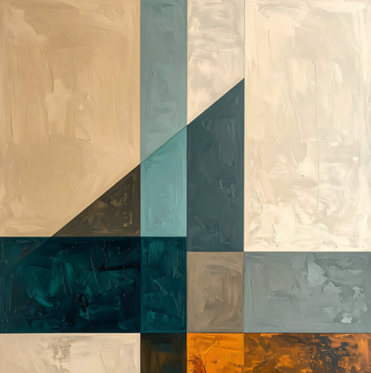 Modern Geometric Color-Block Square Canvas Print - Slate Blue, Ochre & Beige Wall Art