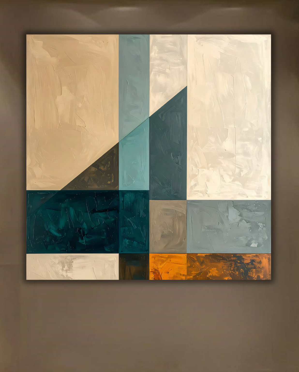 Modern Geometric Color-Block Square Canvas Print - Slate Blue, Ochre & Beige Wall Art