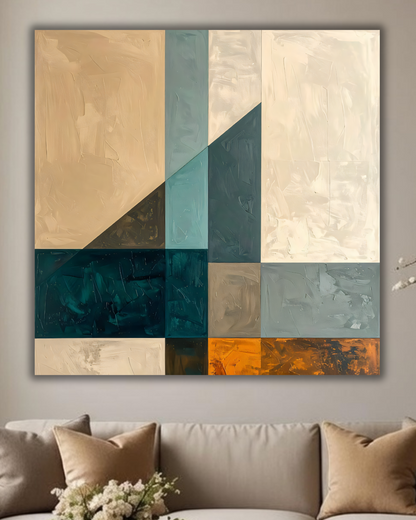 Modern Geometric Color-Block Square Canvas Print - Slate Blue, Ochre & Beige Wall Art