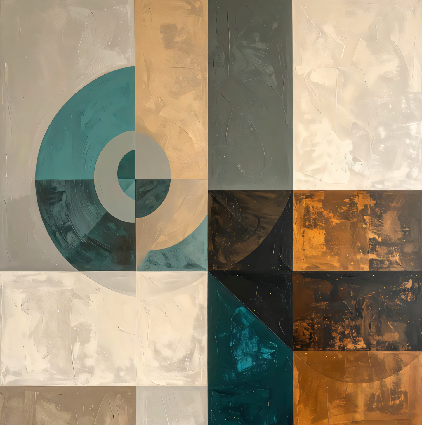 Modern Geometric Color-Block Square Canvas Print - Teal, Gold Leaf & Neutral Grid Wall Art