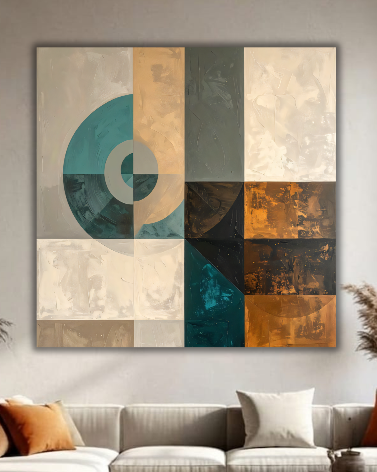 Modern Geometric Color-Block Square Canvas Print - Teal, Gold Leaf & Neutral Grid Wall Art