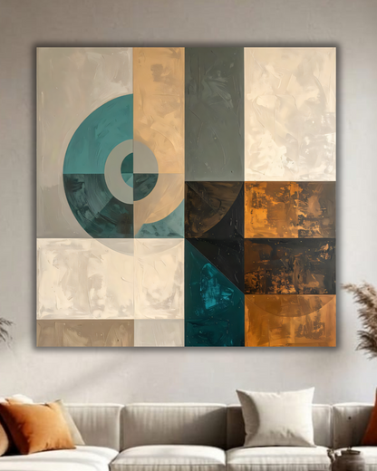 Modern Geometric Color-Block Square Canvas Print - Teal, Gold Leaf & Neutral Grid Wall Art
