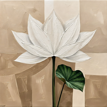 Modern White Lotus Flower Canvas Print - Textured Impasto Botanical Wall Art (Beige or Slate Grey)
