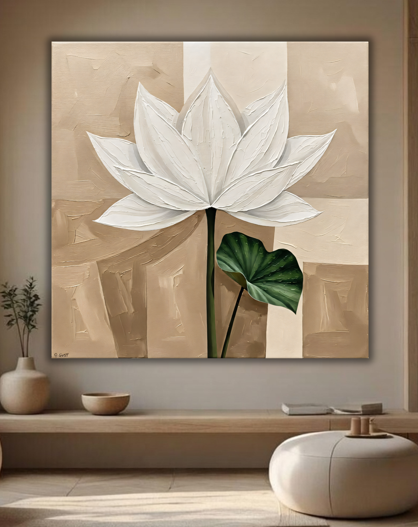 Modern White Lotus Flower Canvas Print - Textured Impasto Botanical Wall Art (Beige or Slate Grey)