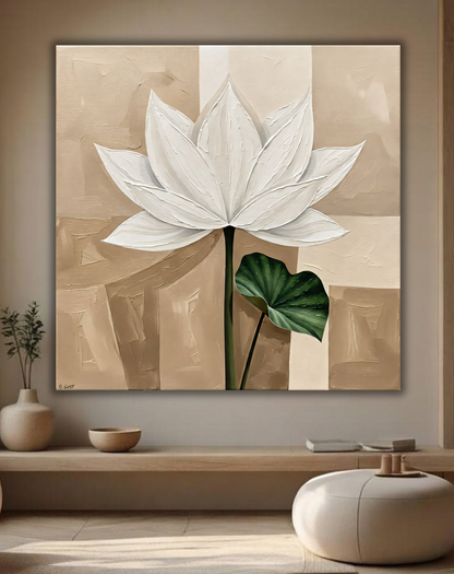 Modern White Lotus Flower Canvas Print - Textured Impasto Botanical Wall Art (Beige or Slate Grey)