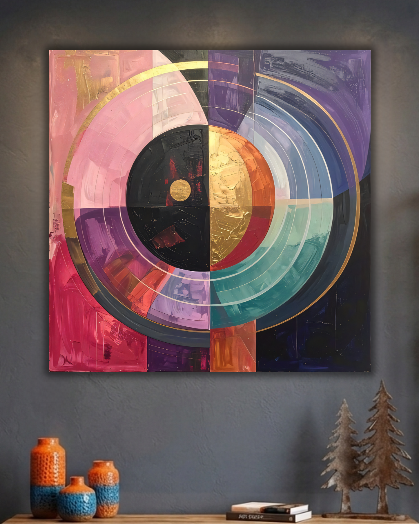 Modern Geometric Celestial Circle Canvas Print - Blush Pink, Gold & Deep Indigo Wall Art