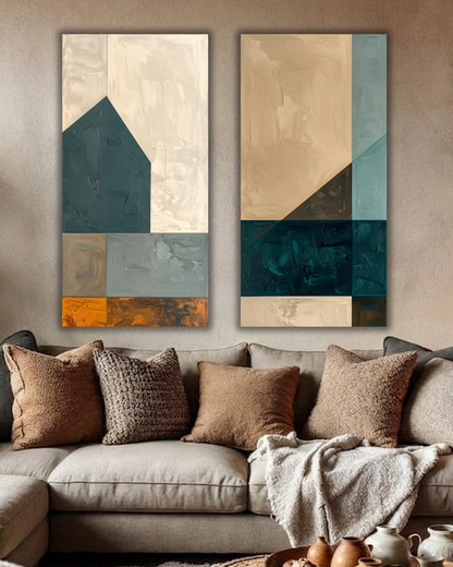 Modern Geometric Color-Block Canvas Print Set - Slate Blue, Warm Sand & Deep Teal 2-Piece Diptych Wall Art