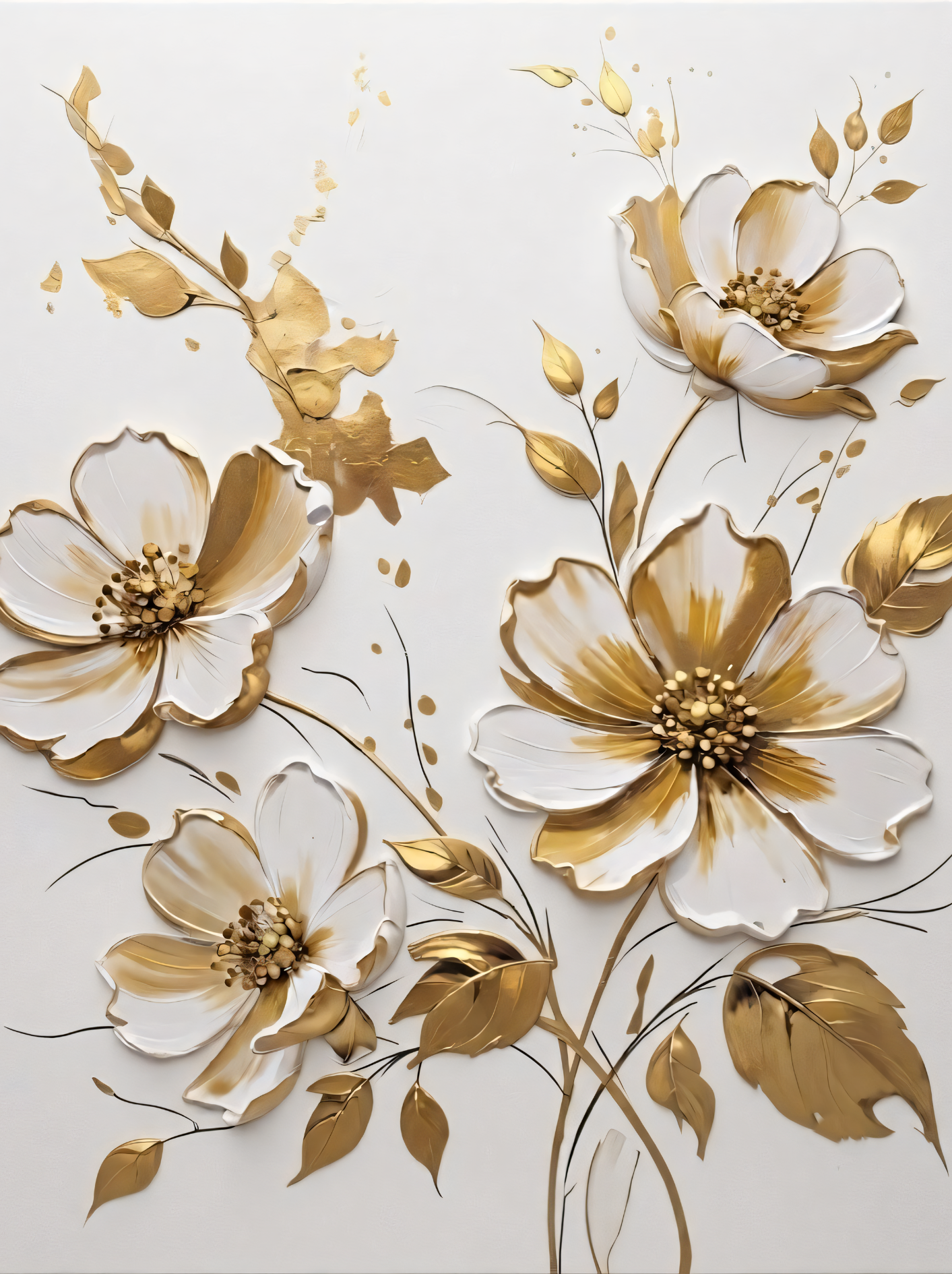 Modern White and Gold Floral Canvas Print - 3D Impasto Flower Wall Art