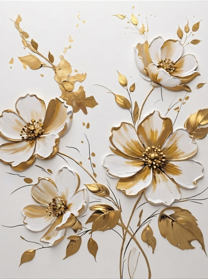 Modern White and Gold Floral Canvas Print - 3D Impasto Flower Wall Art