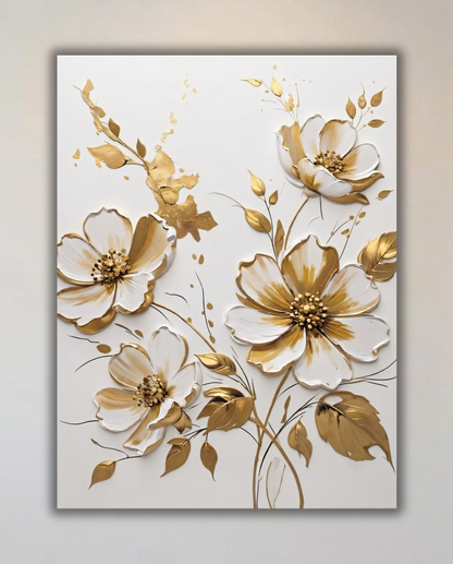 Modern White and Gold Floral Canvas Print - 3D Impasto Flower Wall Art