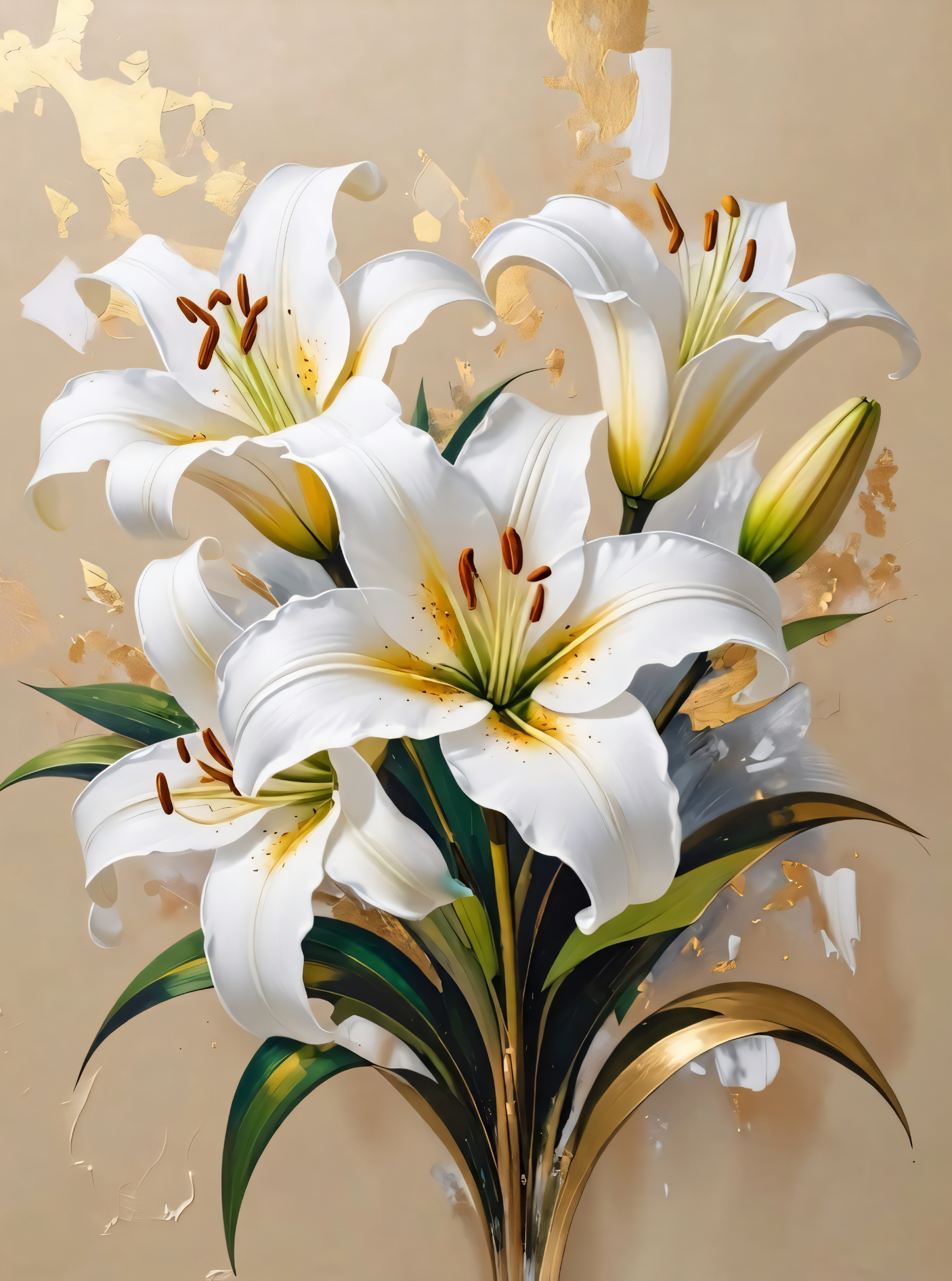 Modern White Stargazer Lily Canvas Print - Gold & Cream Botanical Wall Art