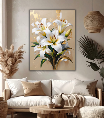 Modern White Stargazer Lily Canvas Print - Gold & Cream Botanical Wall Art