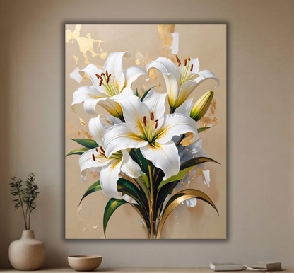 Modern White Stargazer Lily Canvas Print - Gold & Cream Botanical Wall Art