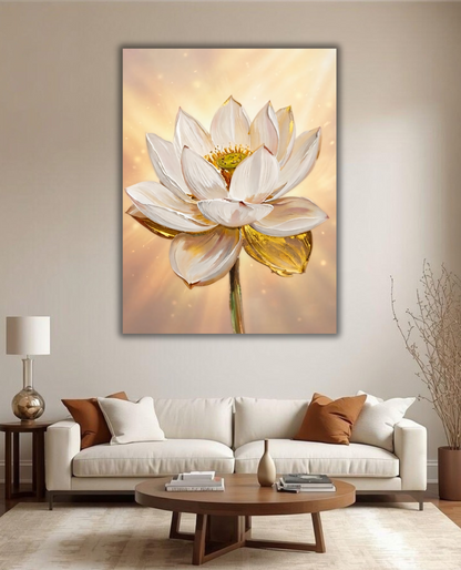 Radiant Golden Lotus Flower Canvas Print - Luminous Impasto Botanical Wall Art (Radiant Amber or Soft Champagne)