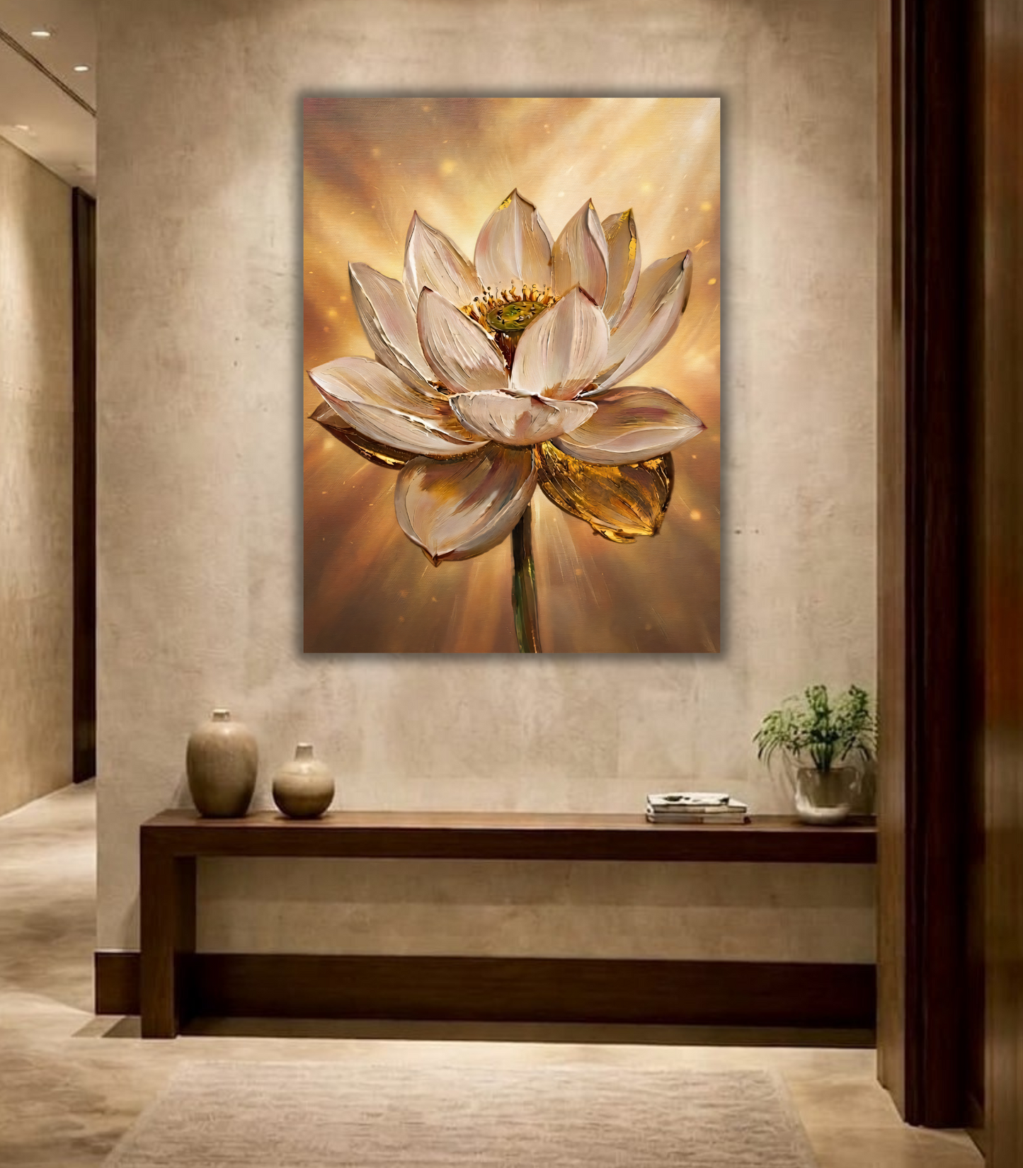 Radiant Golden Lotus Flower Canvas Print - Luminous Impasto Botanical Wall Art (Radiant Amber or Soft Champagne)