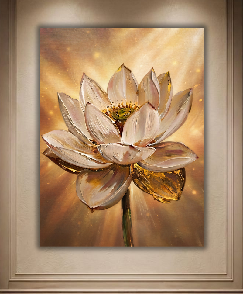 Radiant Golden Lotus Flower Canvas Print - Luminous Impasto Botanical Wall Art (Radiant Amber or Soft Champagne)