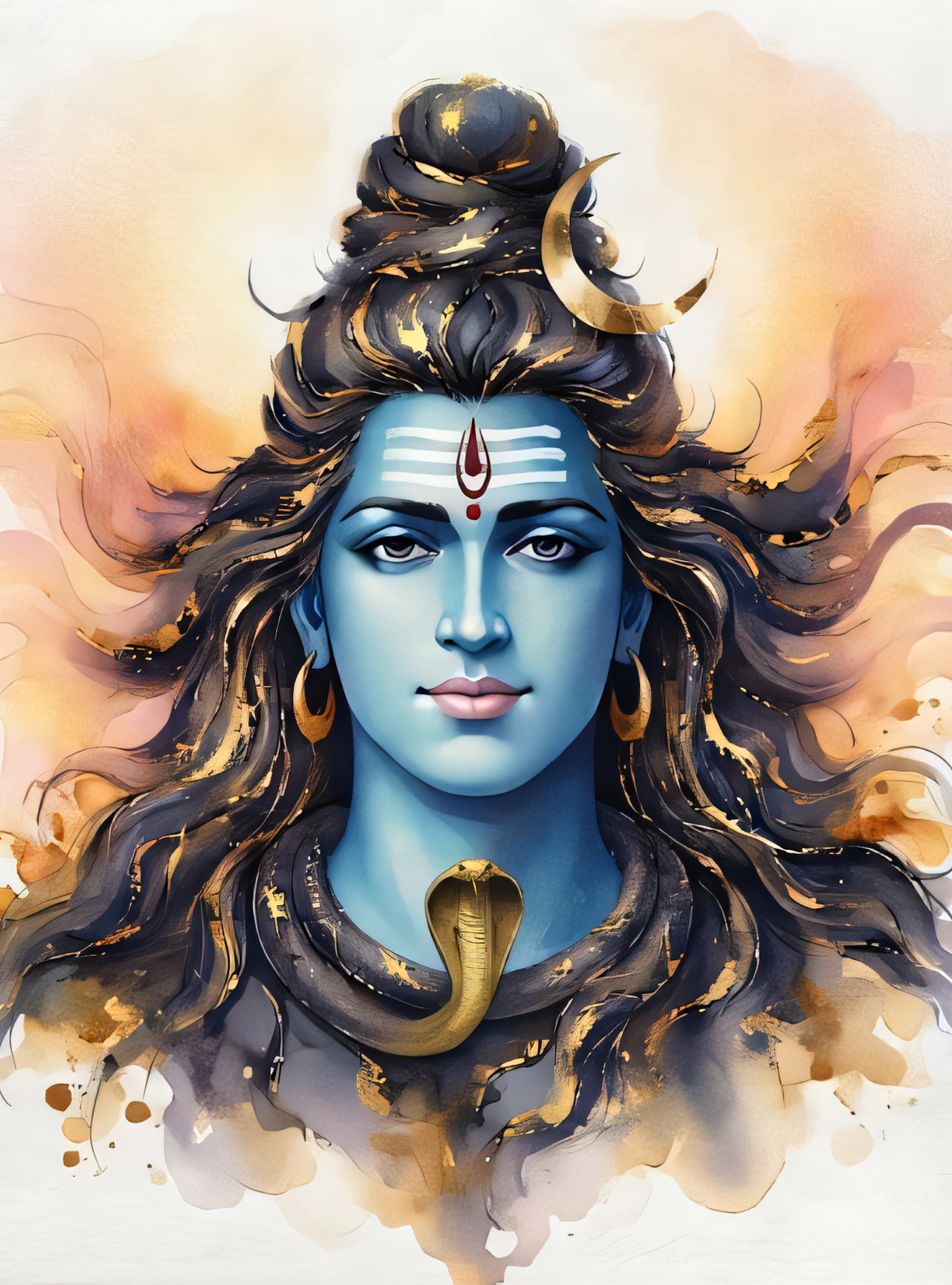 Lord Shiva Canvas Wall Art - Modern Blue & Gold Divine Watercolor Portrait Print