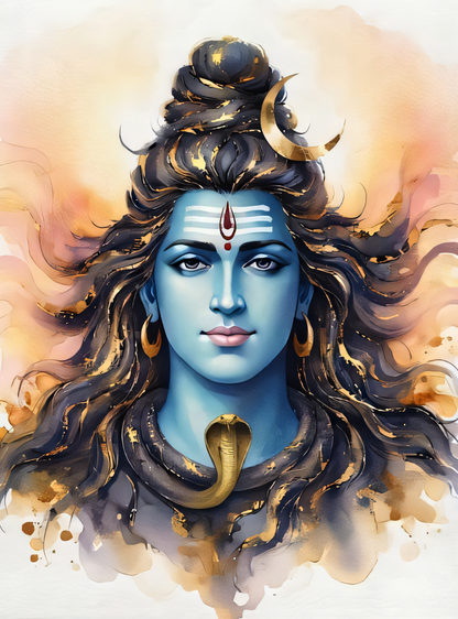 Lord Shiva Canvas Wall Art - Modern Blue & Gold Divine Watercolor Portrait Print
