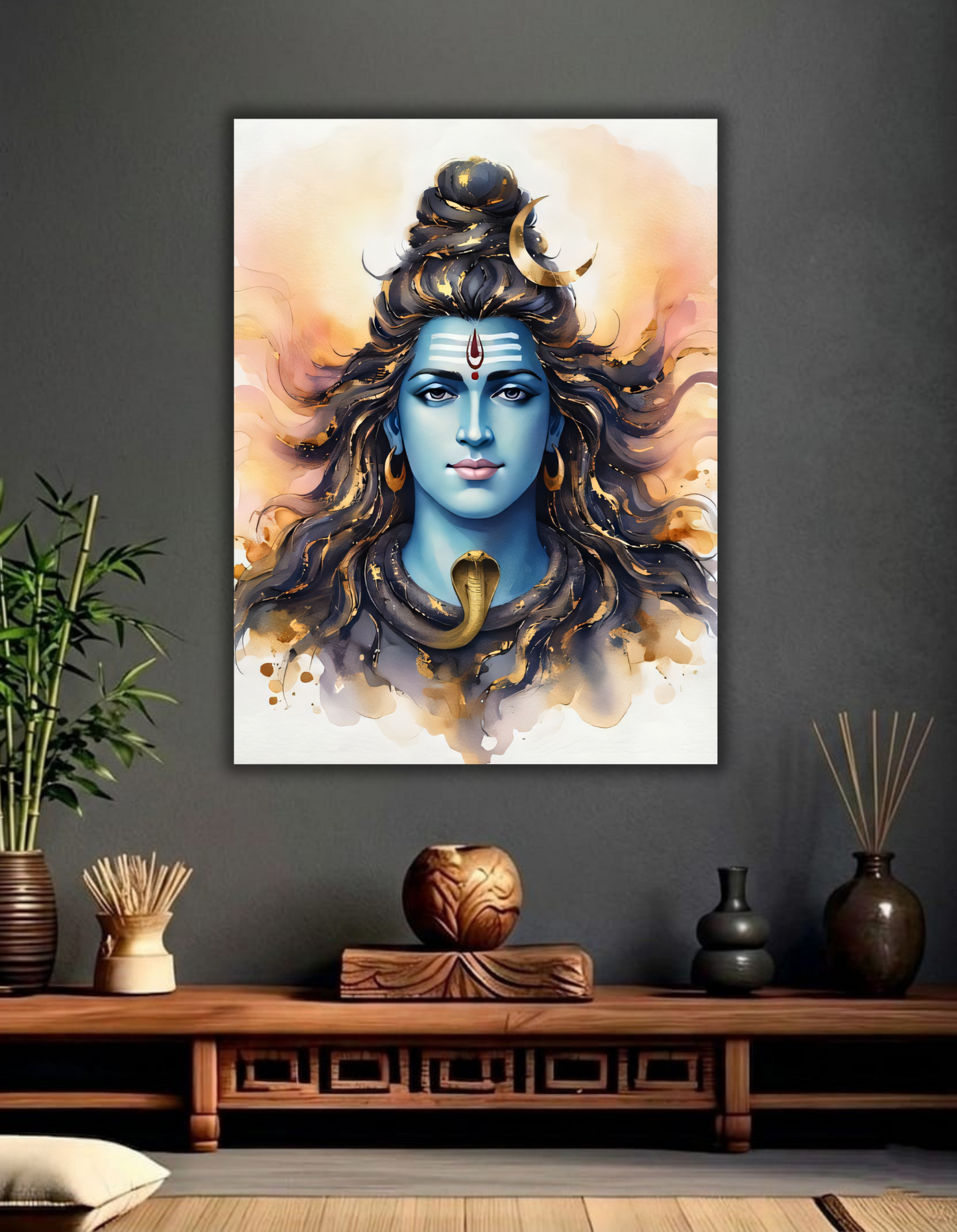 Lord Shiva Canvas Wall Art - Modern Blue & Gold Divine Watercolor Portrait Print