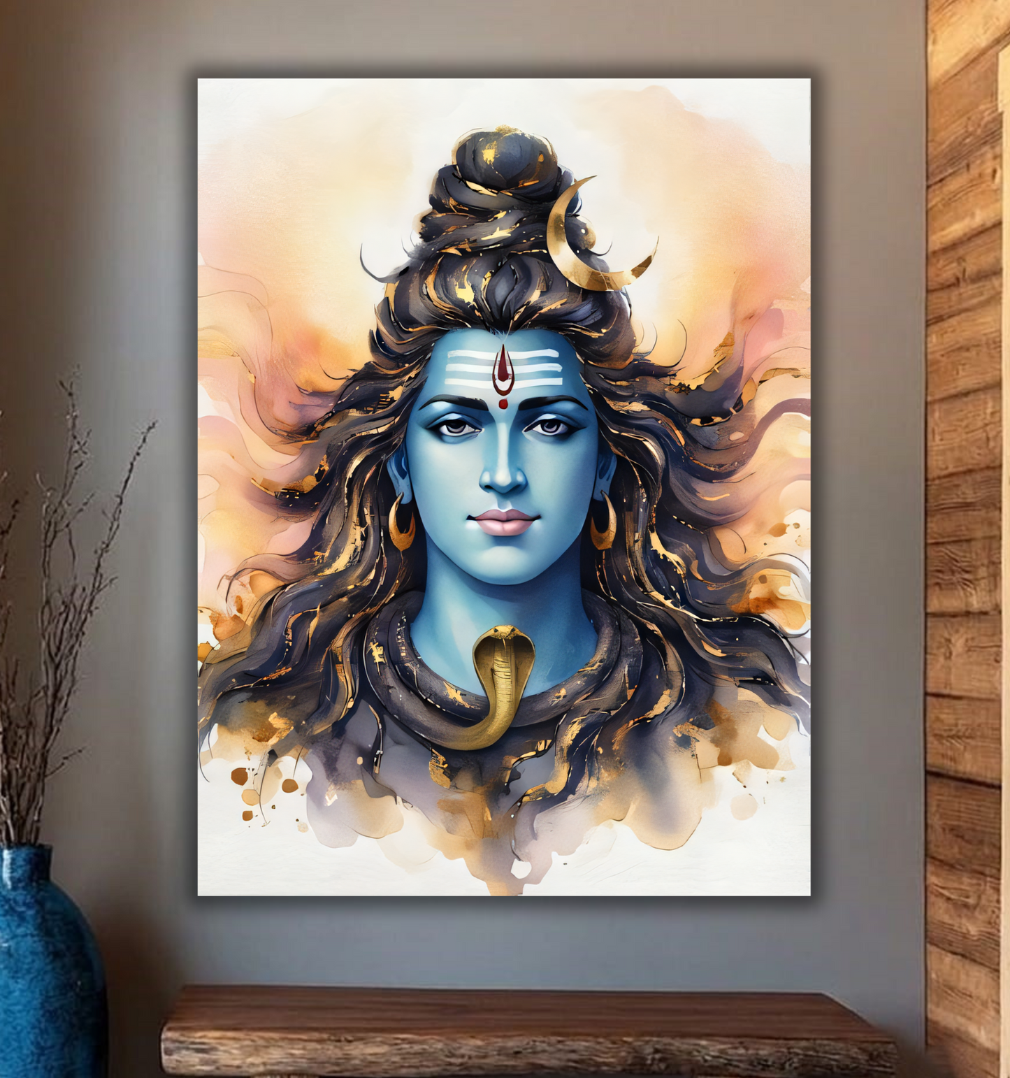 Lord Shiva Canvas Wall Art - Modern Blue & Gold Divine Watercolor Portrait Print