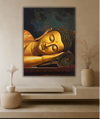 Reclining Golden Buddha Canvas Print - Parinirvana Meditative Wall Art