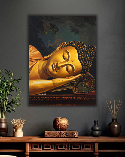 Reclining Golden Buddha Canvas Print - Parinirvana Meditative Wall Art