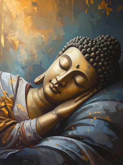 Reclining Golden Buddha Canvas Print - Soft Blue & Gold Meditative Wall Art