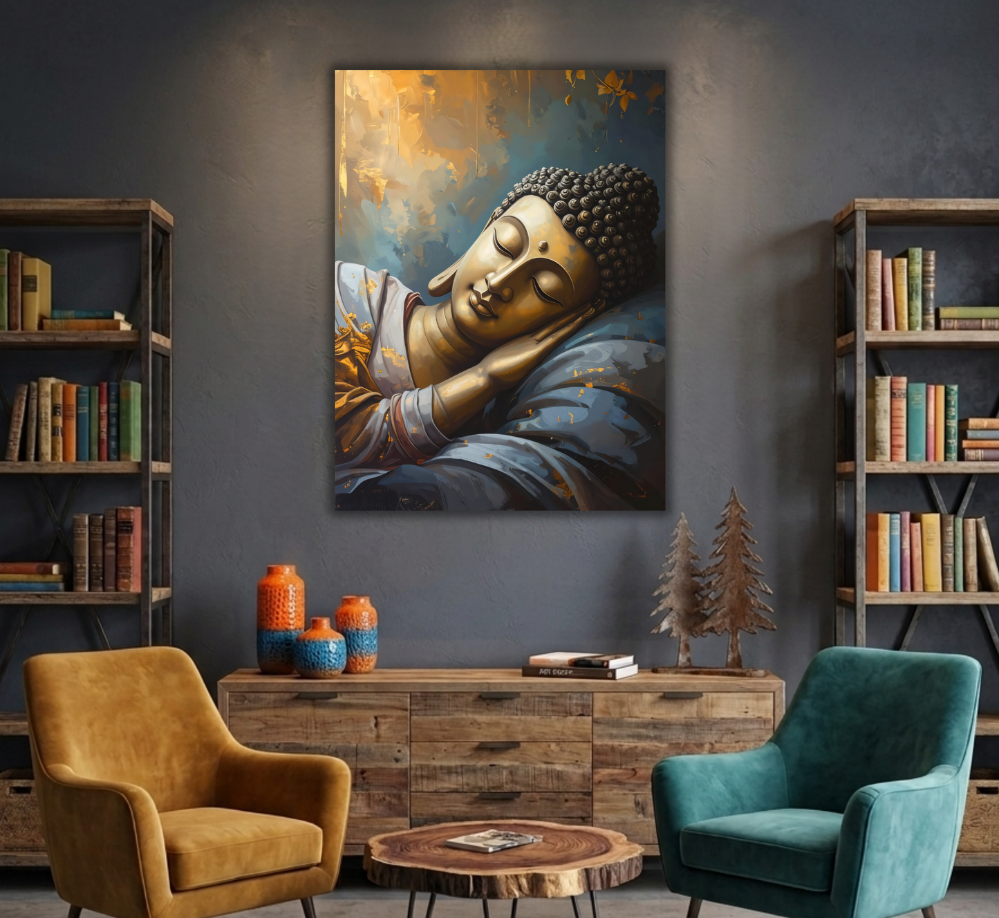 Reclining Golden Buddha Canvas Print - Soft Blue & Gold Meditative Wall Art